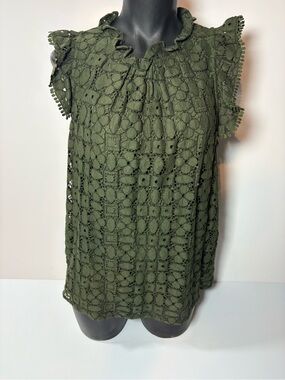 Anthropologie Olive Green Crochet Lace Flutter Sleeve Top